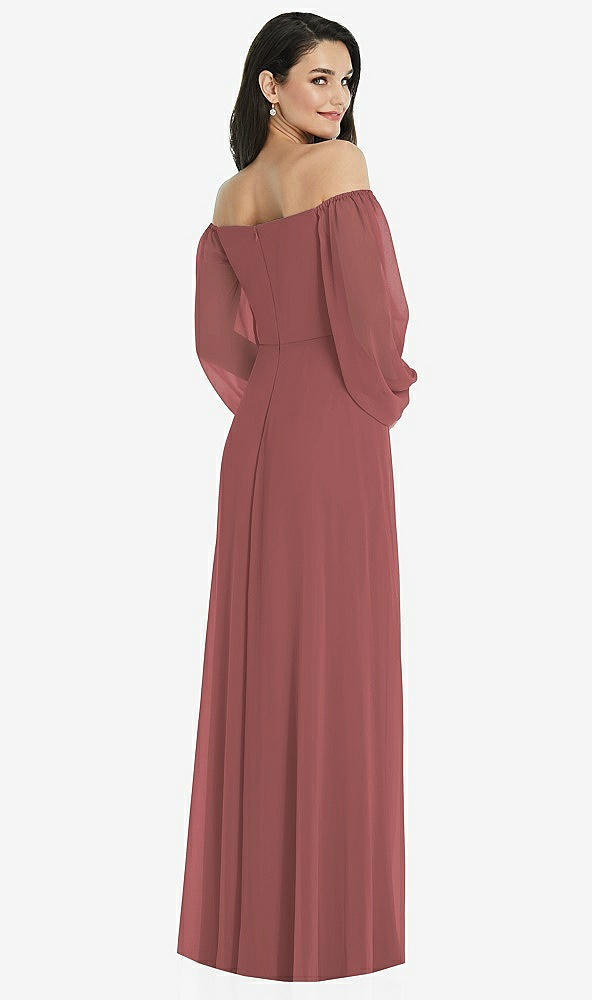 Back View - English Rose Off-the-Shoulder Puff Sleeve Maxi Dress with Front Slit