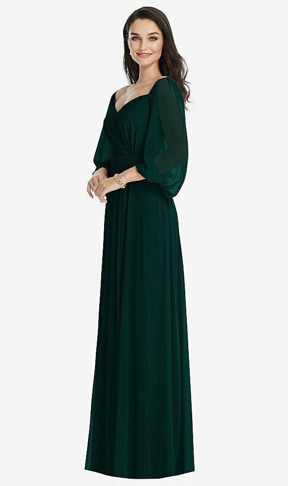 Front View - Evergreen Off-the-Shoulder Puff Sleeve Maxi Dress with Front Slit
