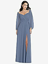 Alt View 1 Thumbnail - Larkspur Blue Off-the-Shoulder Puff Sleeve Maxi Dress with Front Slit