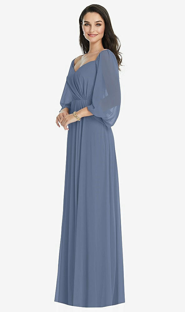 Front View - Larkspur Blue Off-the-Shoulder Puff Sleeve Maxi Dress with Front Slit