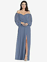 Side View Thumbnail - Larkspur Blue Off-the-Shoulder Puff Sleeve Maxi Dress with Front Slit