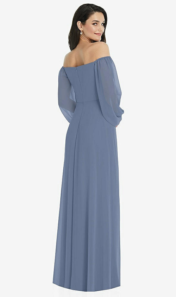 Back View - Larkspur Blue Off-the-Shoulder Puff Sleeve Maxi Dress with Front Slit