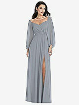 Alt View 1 Thumbnail - Platinum Off-the-Shoulder Puff Sleeve Maxi Dress with Front Slit