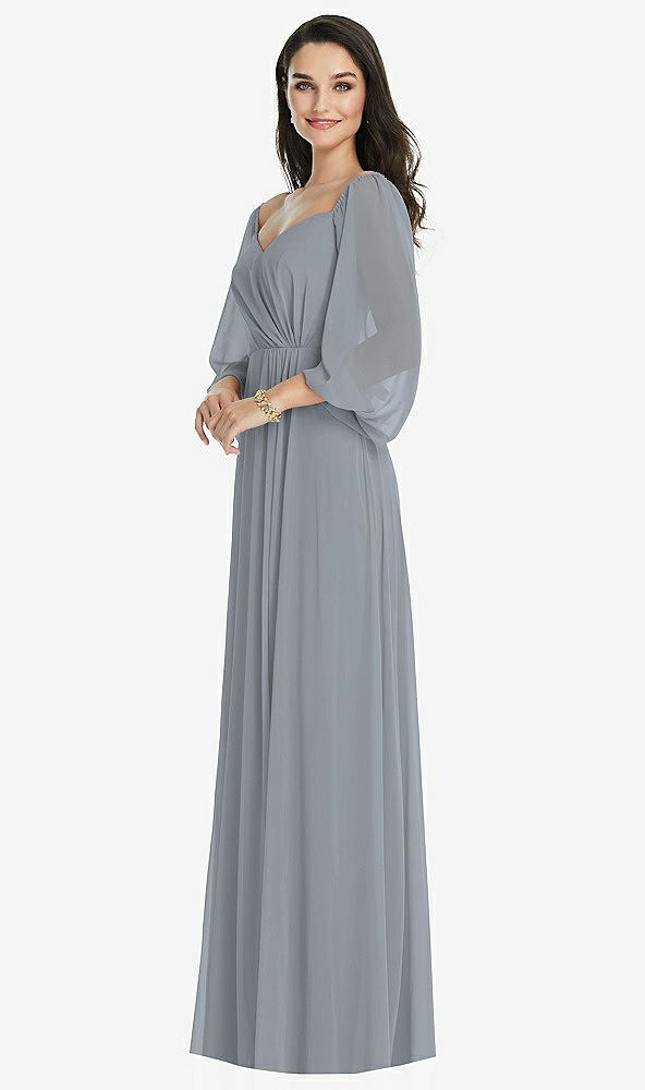 Front View - Platinum Off-the-Shoulder Puff Sleeve Maxi Dress with Front Slit