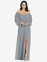 Side View Thumbnail - Platinum Off-the-Shoulder Puff Sleeve Maxi Dress with Front Slit
