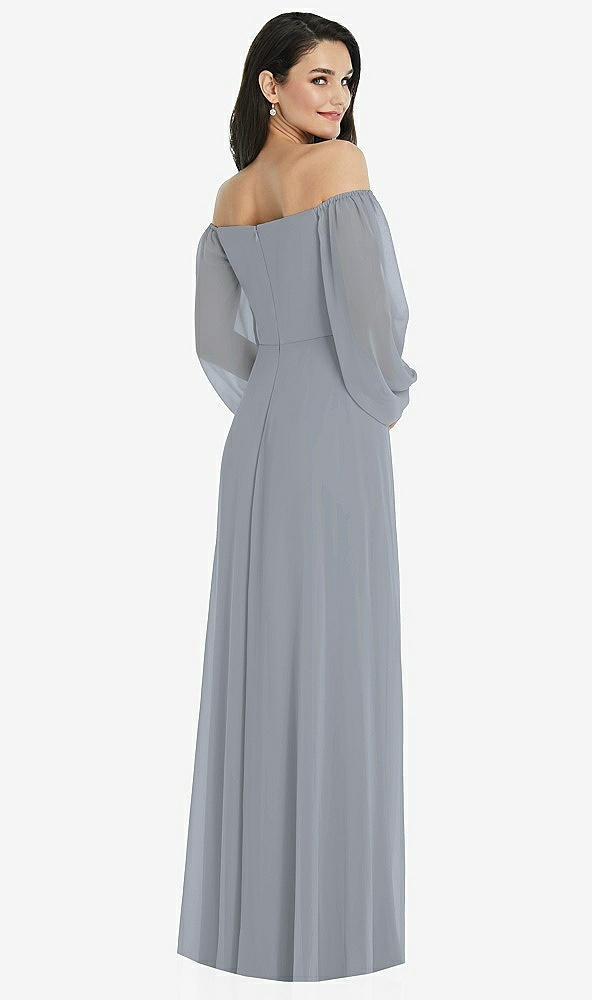 Back View - Platinum Off-the-Shoulder Puff Sleeve Maxi Dress with Front Slit
