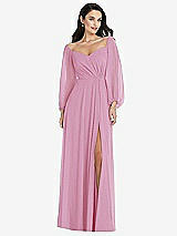 Alt View 1 Thumbnail - Powder Pink Off-the-Shoulder Puff Sleeve Maxi Dress with Front Slit