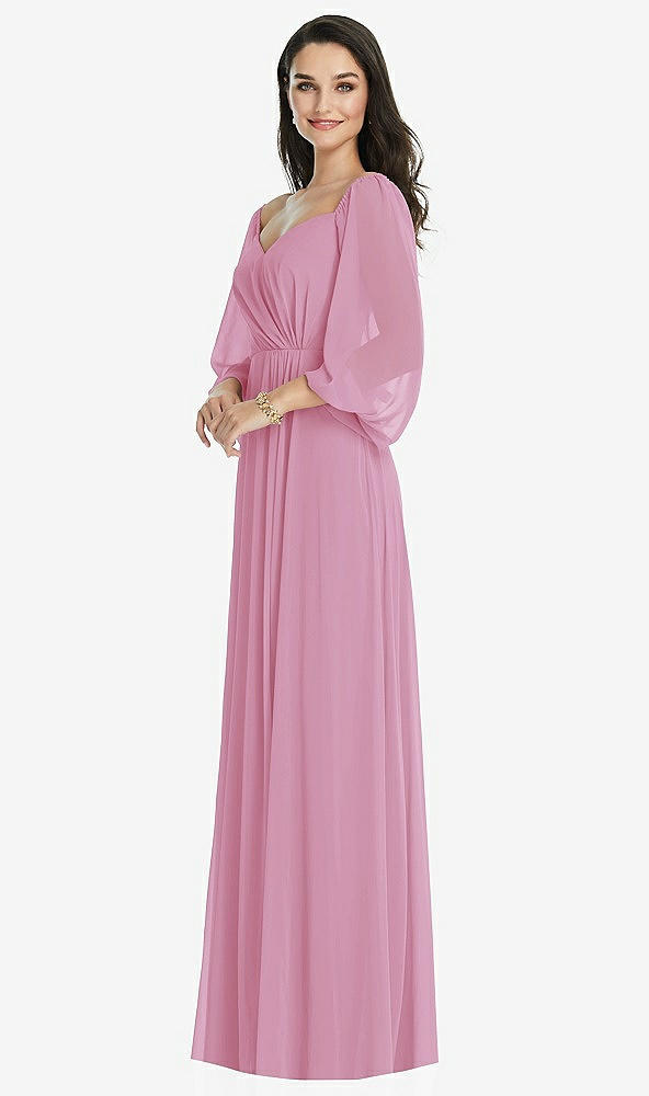 Front View - Powder Pink Off-the-Shoulder Puff Sleeve Maxi Dress with Front Slit
