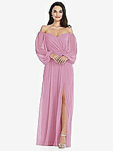 Side View Thumbnail - Powder Pink Off-the-Shoulder Puff Sleeve Maxi Dress with Front Slit