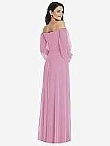 Rear View Thumbnail - Powder Pink Off-the-Shoulder Puff Sleeve Maxi Dress with Front Slit