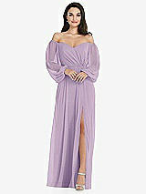 Side View Thumbnail - Pale Purple Off-the-Shoulder Puff Sleeve Maxi Dress with Front Slit