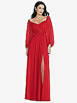 Alt View 1 Thumbnail - Parisian Red Off-the-Shoulder Puff Sleeve Maxi Dress with Front Slit