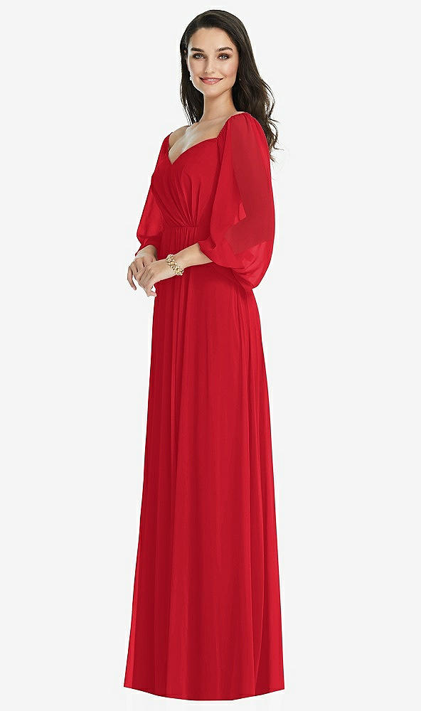 Front View - Parisian Red Off-the-Shoulder Puff Sleeve Maxi Dress with Front Slit