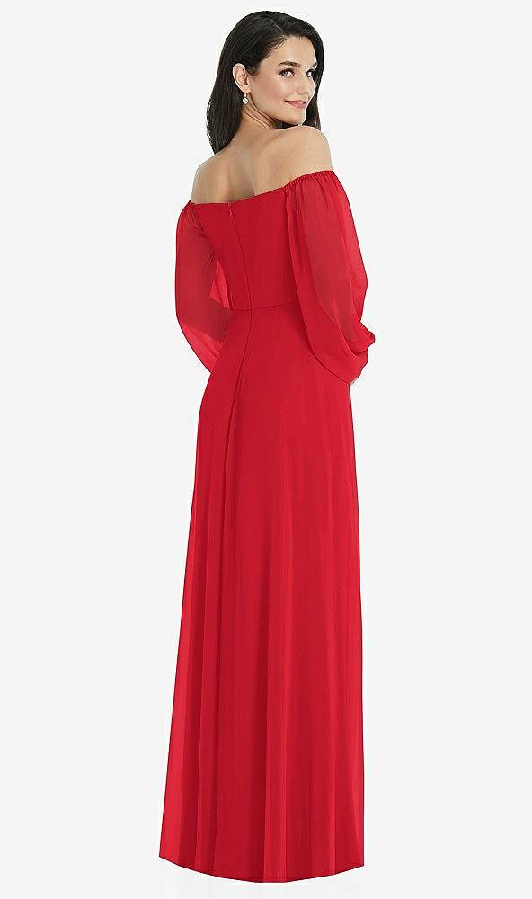 Back View - Parisian Red Off-the-Shoulder Puff Sleeve Maxi Dress with Front Slit