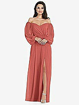 Side View Thumbnail - Coral Pink Off-the-Shoulder Puff Sleeve Maxi Dress with Front Slit