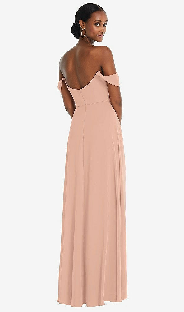 Back View - Pale Peach Off-the-Shoulder Basque Neck Maxi Dress with Flounce Sleeves