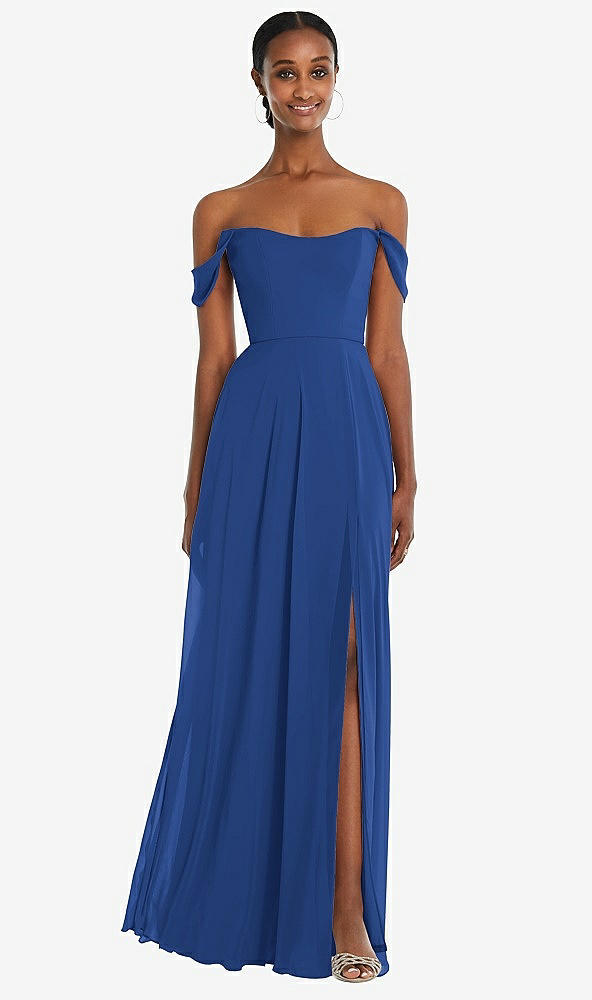 Front View - Classic Blue Off-the-Shoulder Basque Neck Maxi Dress with Flounce Sleeves