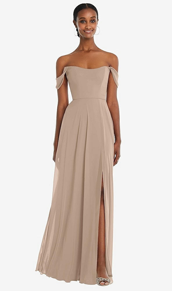 Front View - Topaz Off-the-Shoulder Basque Neck Maxi Dress with Flounce Sleeves