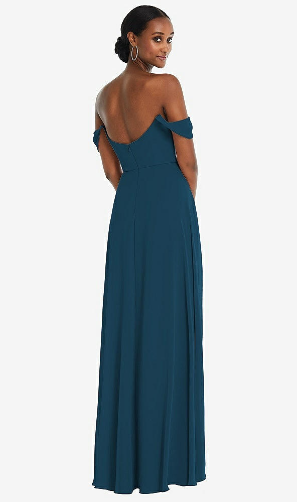 Back View - Atlantic Blue Off-the-Shoulder Basque Neck Maxi Dress with Flounce Sleeves