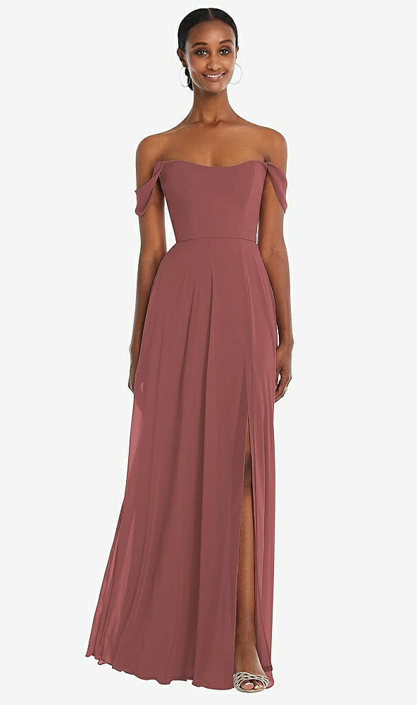 Front View - English Rose Off-the-Shoulder Basque Neck Maxi Dress with Flounce Sleeves
