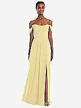 Front View Thumbnail - Pale Yellow Off-the-Shoulder Basque Neck Maxi Dress with Flounce Sleeves