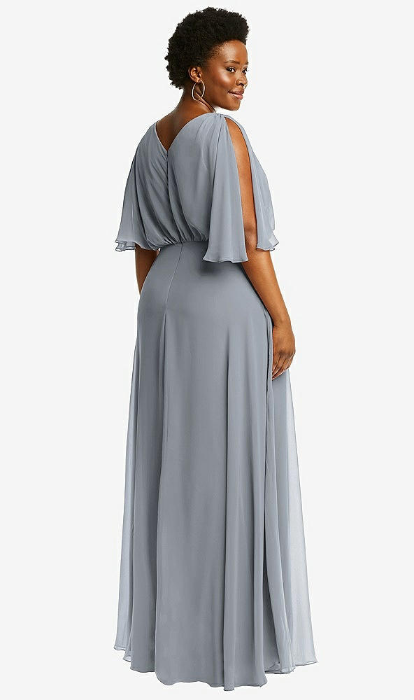 Back View - Platinum V-Neck Split Sleeve Blouson Bodice Maxi Dress