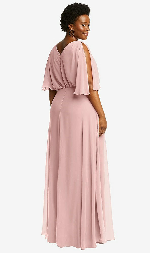 Back View - Rose - PANTONE Rose Quartz V-Neck Split Sleeve Blouson Bodice Maxi Dress