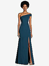 Front View Thumbnail - Atlantic Blue Asymmetrical Off-the-Shoulder Cuff Trumpet Gown With Front Slit