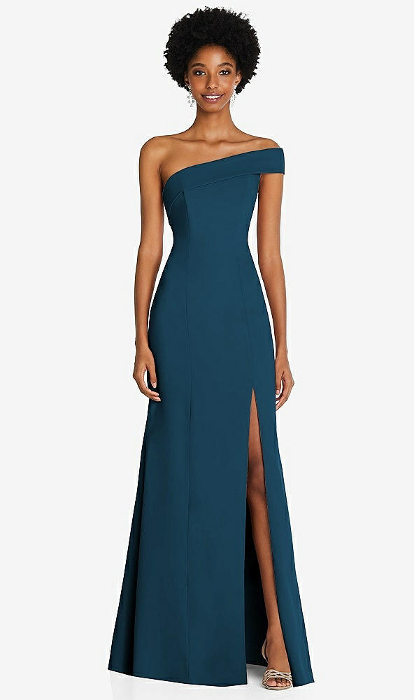 Front View - Atlantic Blue Asymmetrical Off-the-Shoulder Cuff Trumpet Gown With Front Slit