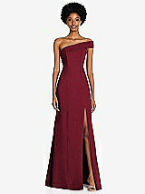 Front View Thumbnail - Burgundy Asymmetrical Off-the-Shoulder Cuff Trumpet Gown With Front Slit