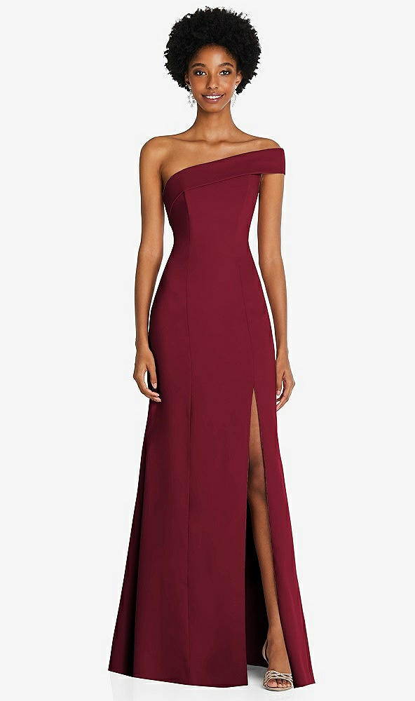 Front View - Burgundy Asymmetrical Off-the-Shoulder Cuff Trumpet Gown With Front Slit