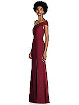 Side View Thumbnail - Burgundy Asymmetrical Off-the-Shoulder Cuff Trumpet Gown With Front Slit