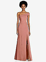 Front View Thumbnail - Desert Rose Asymmetrical Off-the-Shoulder Cuff Trumpet Gown With Front Slit