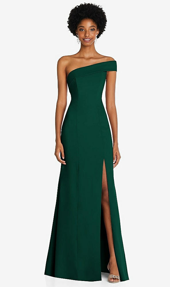 Front View - Hunter Green Asymmetrical Off-the-Shoulder Cuff Trumpet Gown With Front Slit