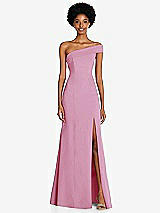 Front View Thumbnail - Powder Pink Asymmetrical Off-the-Shoulder Cuff Trumpet Gown With Front Slit