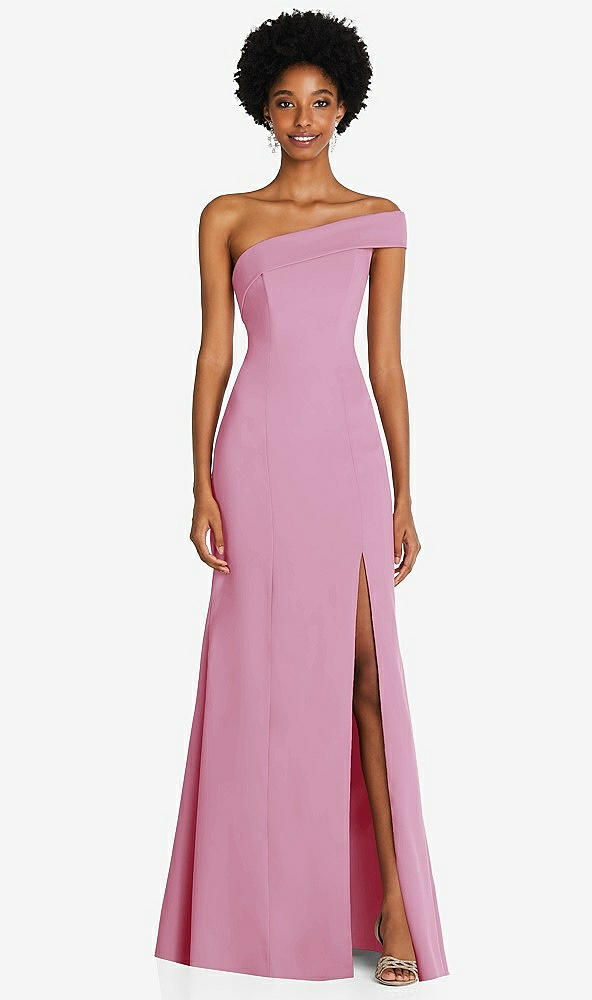 Front View - Powder Pink Asymmetrical Off-the-Shoulder Cuff Trumpet Gown With Front Slit