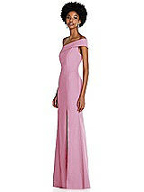 Side View Thumbnail - Powder Pink Asymmetrical Off-the-Shoulder Cuff Trumpet Gown With Front Slit