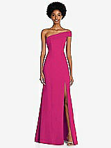 Front View Thumbnail - Think Pink Asymmetrical Off-the-Shoulder Cuff Trumpet Gown With Front Slit