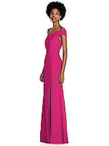 Side View Thumbnail - Think Pink Asymmetrical Off-the-Shoulder Cuff Trumpet Gown With Front Slit