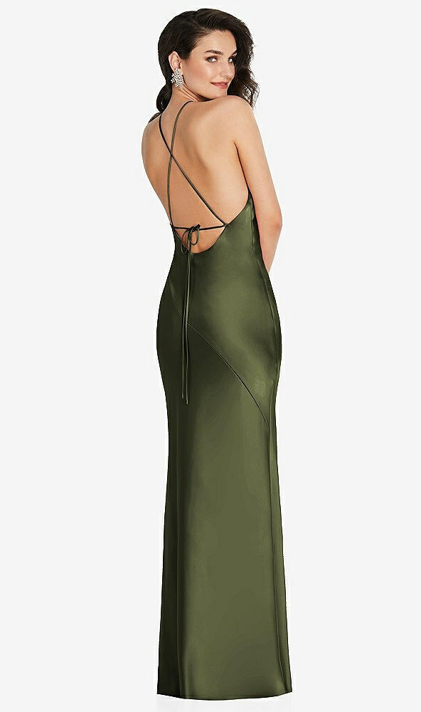 Back View - Olive Green Halter Convertible Strap Bias Slip Dress With Front Slit