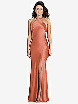 Front View Thumbnail - Terracotta Copper Halter Convertible Strap Bias Slip Dress With Front Slit
