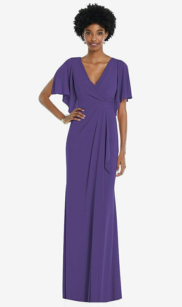 Front View - Regalia - PANTONE Ultra Violet Faux Wrap Split Sleeve Maxi Dress with Cascade Skirt