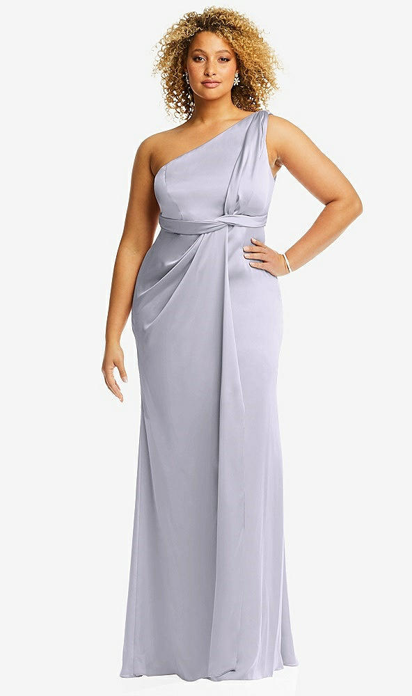 Front View - Silver Dove One-Shoulder Draped Twist Empire Waist Trumpet Gown