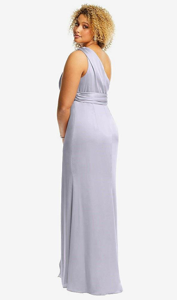 Back View - Silver Dove One-Shoulder Draped Twist Empire Waist Trumpet Gown