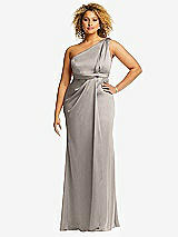 Front View Thumbnail - Taupe One-Shoulder Draped Twist Empire Waist Trumpet Gown