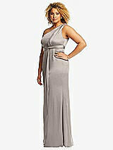 Side View Thumbnail - Taupe One-Shoulder Draped Twist Empire Waist Trumpet Gown