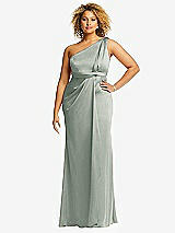 Front View Thumbnail - Willow Green One-Shoulder Draped Twist Empire Waist Trumpet Gown