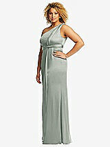 Side View Thumbnail - Willow Green One-Shoulder Draped Twist Empire Waist Trumpet Gown