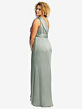 Rear View Thumbnail - Willow Green One-Shoulder Draped Twist Empire Waist Trumpet Gown