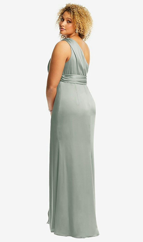Back View - Willow Green One-Shoulder Draped Twist Empire Waist Trumpet Gown